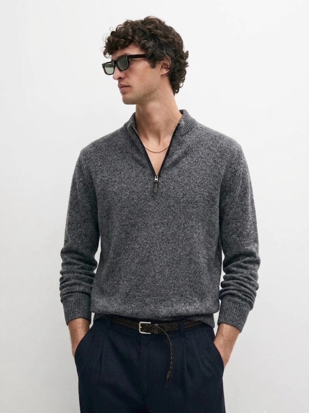 QI Cashmere Heathered Gray Quarter Zip  Sweater Size Medium preppy Old Money
